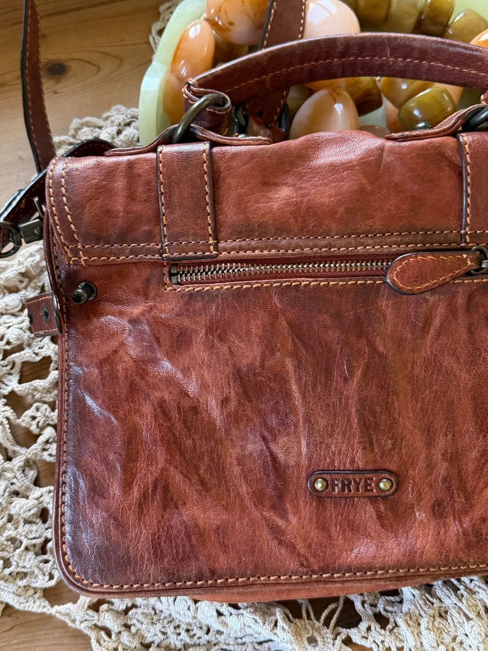 Frye Cameron Antique Cognac Pull Up Brown Leather Crossbody Satchel Bag Purse